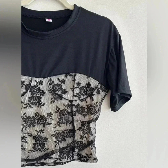 Black Lace Sweetheart Ruched Top, Women’s Floral Lace Overlay Blouse, Size Small - Picture 5 of 15